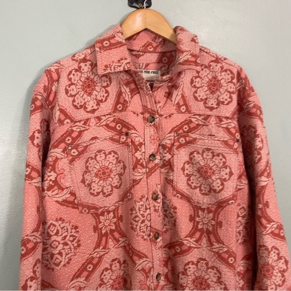 Free People Brick Lane Jacquard Maxi Shirt Jacket Floral Pink Small - Picture 3 of 7